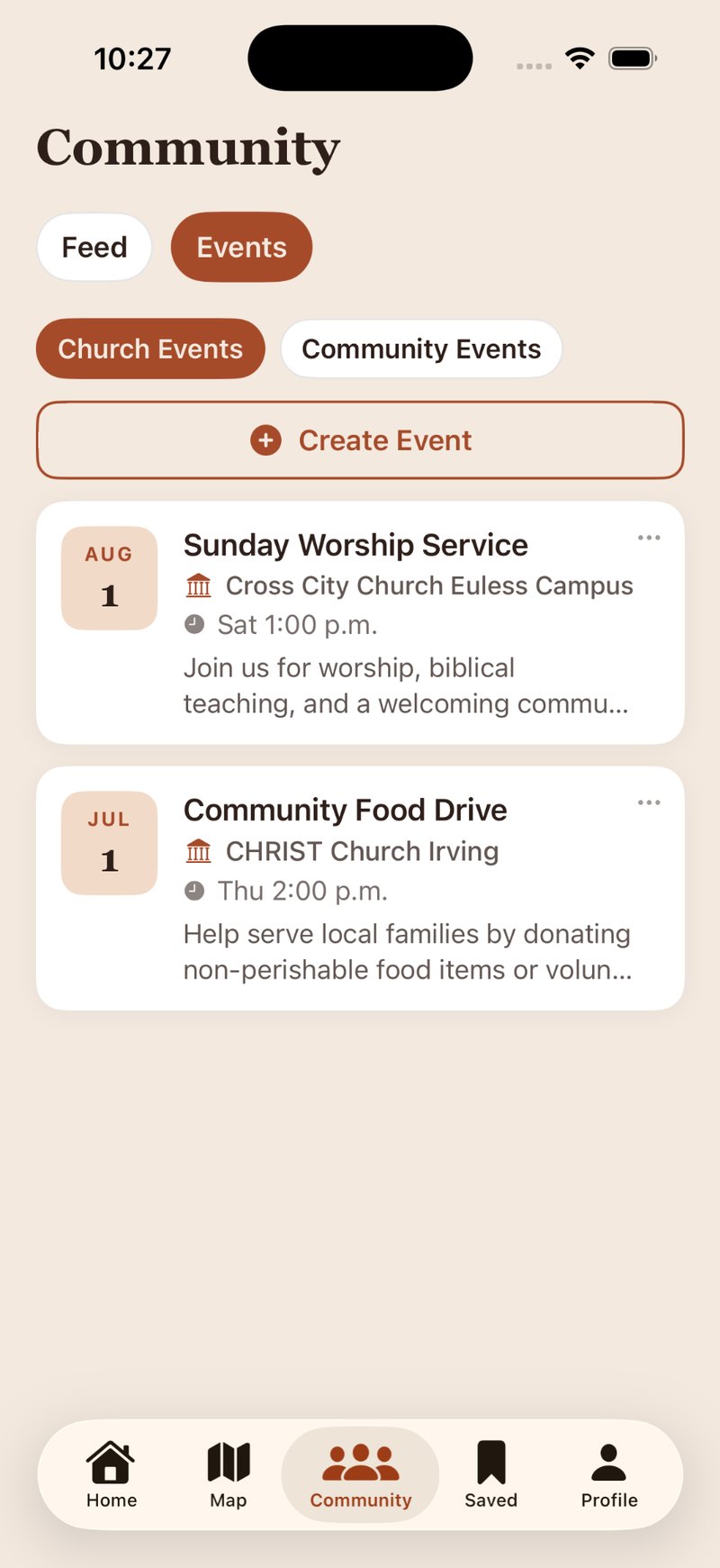 Church event feed